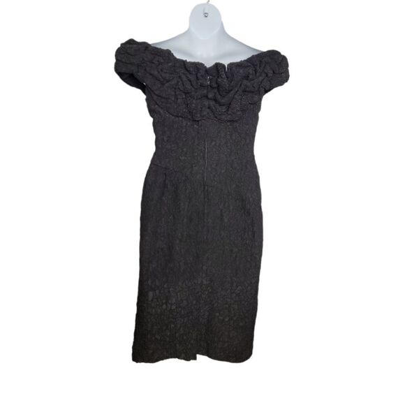 VINTAGE 80s black dress off‎ shoulder embossed gathered cocktail M - Picture 3 of 13